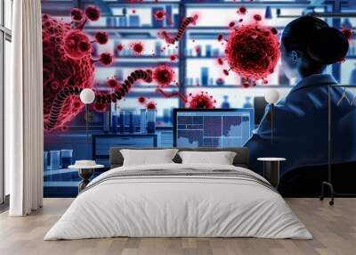 Dedicated scientist analyzing DNA sequences on advanced digital display for groundbreaking cancer research. Innovative laboratory equipment and detailed medical charts support complex genetic studies Wall mural