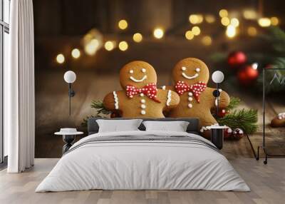 Delicious gingerbread man cookies on a rustic wooden table with warm lighting, surrounded by festive holiday decorations, creating a cozy and joyful atmosphere during the holiday season Wall mural