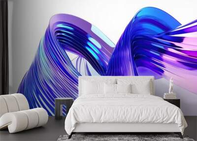 Fluid blue and purple abstract shape with layered curved lines, 3D rendered in Cinema4D style on white background. Animated, wavy pattern resembling liquid glass, showcasing three-dimensional effect Wall mural