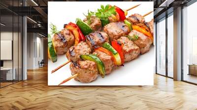 Grilled meat on skewer with fresh salad, isolated on white background, featuring ultra-high detail and photorealistic cutout, ideal for food, barbecue, and culinary concepts Wall mural