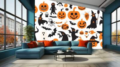 Halloween icon set featuring vibrant orange and black designs, perfect for seasonal decorations, party invitations, and festive designs that celebrate the spooky charm of Halloween Wall mural