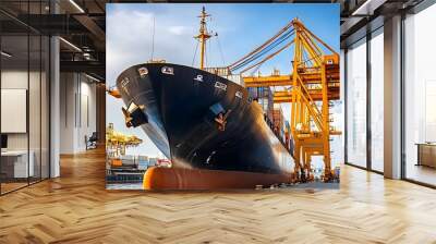 Large cargo ship anchored in harbor during port strike, surrounded by empty docks and cranes, symbolizing halted operations and economic impact Wall mural