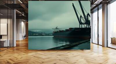 Large cargo ship docked at a port with cranes and containers, symbolizing a port strike, highlighting the scale of the port and the absence of activity Wall mural