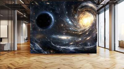 Massive black hole at the center of a swirling galaxy, stars and cosmic debris being pulled into its gravitational abyss, symbolizing destruction and the end of worlds Wall mural