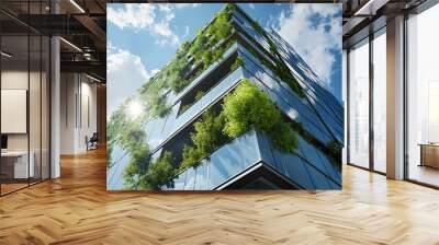 Modern Glass Building with Green Trees Growing on the Side. This Innovative Structure Highlights the Integration of Nature and Urban Development for a Greener Future Wall mural