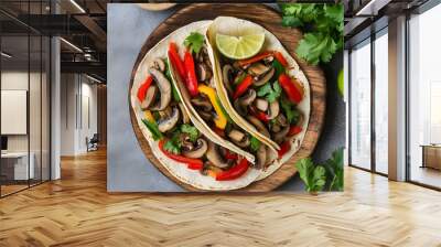 Mushroom tacos with fresh vegetables and sautéed dressings on a wooden plate. An exotic and flavorful culinary experience captured in vibrant detail Wall mural