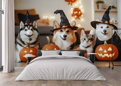 Pet-friendly Halloween costumes feature adorable dogs dressed as pumpkins and charming cats dressed as witches, creating a cute and family-friendly atmosphere that embraces trendy celebrations Wall mural