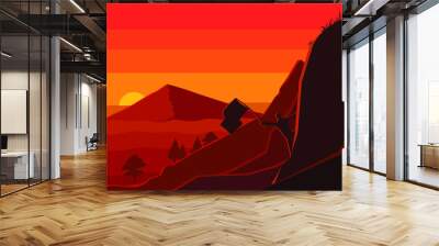 Vector landscape, the silhouette of a man rise up the flag. hiking, backpacking, explore and discover, mountains and forest Wall mural