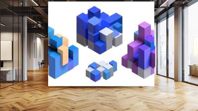 Set of geometric compositions with cubes, 3d render Wall mural