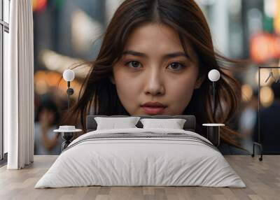 Portrait of a beautiful young Japanese businesswoman in Tokyo during rush hour Wall mural