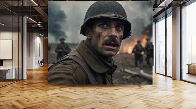 Portrait of a Terrified Soldier on the Battlefield of the First World War  Wall mural