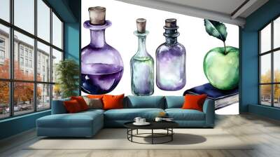 Watercolor Gothic Apothecary Bottles with Purple Potion, Green Apple, and Old Books in Acrylic Painting Style on White Background, High-Resolution Clipart for Halloween and Mystical Themes Wall mural