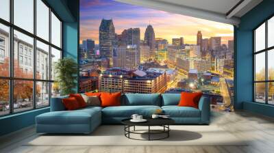 Aerial view of downtown Detroit at twilight Wall mural