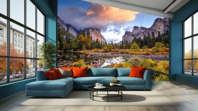 Beautiful view of yosemite national park at sunset in California Wall mural