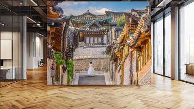 Bukchon Hanok Village with Seoul city skyline, cityscape of South Korea Wall mural