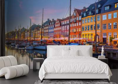 Copenhagen city skyline in Denmark at famous old Nyhavn port Wall mural