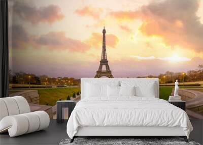 Eiffel Tower at sunrise from Trocadero Fountains in Paris Wall mural