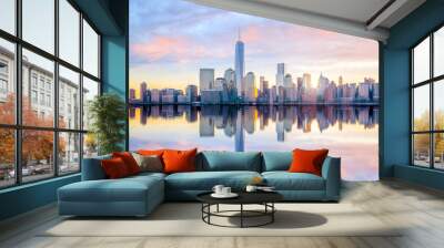 Manhattan Skyline with the One World Trade Center building at twilight Wall mural