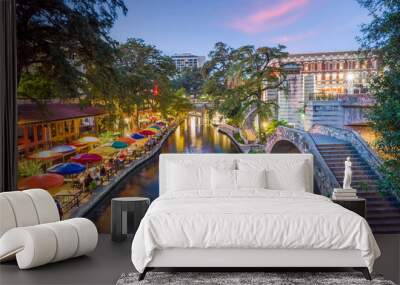 River walk in San Antonio city downtown skyline cityscape of Texas USA Wall mural