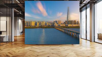 Skyline of seoul, the capital city of south korea with Han River Wall mural