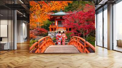 Young women wearing traditional Japanese Yukata at Daigo-ji temple Wall mural