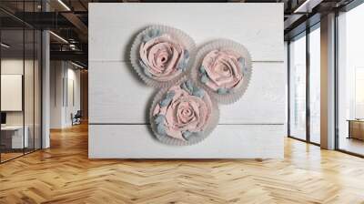 Homemade marshmallows. Zephyr flowers. On white boards. Wall mural