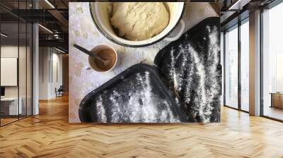 Preparation of buns with cinnamon at home. The tray is sprinkled with flour, dough and a wooden rolling pin lie on the table. Cinnamon with sugar in a mug. Wall mural