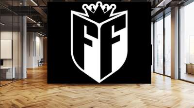 FF Letter bold monogram with shield shape and crown inside shield black and white color design Wall mural