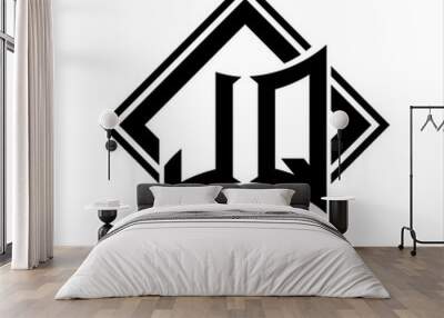 JQ Letter logo with abstract shield shape with square black outline on white background design Wall mural