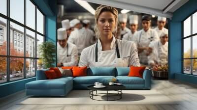 A female chef in front of her work team Wall mural