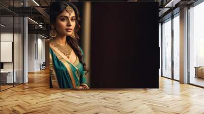 A pretty young female model wearing traditional indian outfit with heavy jewelry and makeup. Generative AI. Wall mural