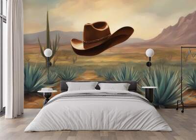 Cowboy hat in the desert. Generative AI. Wall mural