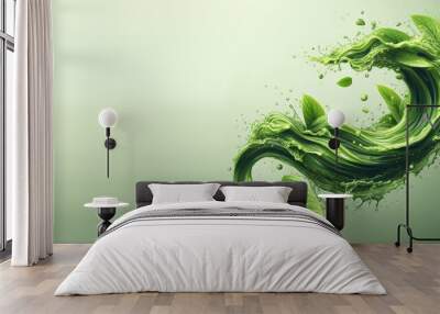 Herbal tea drink wave splash with green tea leaves and water flow, realistic vector. Green tea leaves with isolated water spill flow, ice tea fresh drink or lemonade drops splash. Generative AI. Wall mural