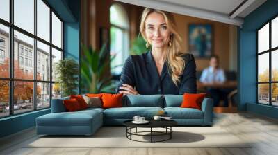 A photo of a gorgeous hotel worker, hospitality staff welcoming guests at a luxury hotel Wall mural