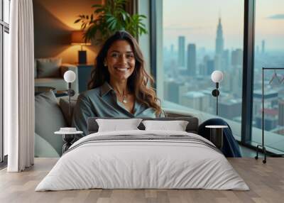 A photo of a penthouse homeowner person relaxing in the apartment with a skyline cityscape view Wall mural