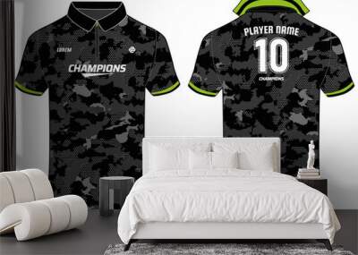 Sports polo collar t-shirt jersey design in Camouflage pattern vector template, Cricket jersey concept with front and back view for Soccer, Football, Tennis and badminton uniform Wall mural