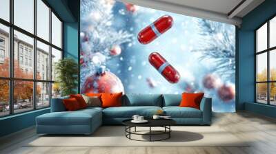 Christmas-themed banner with various tablets and capsules on snowy backgrounds, accompanied by pine branches, snowflakes, and festive ornaments, creating a seasonal health and wellness concept. Wall mural