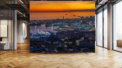 GENOA, ITALY, DECEMBER 18, 2023 - Aerial view of the port of Genoa at sunset, Italy Wall mural