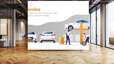 Auto service and repair. Cars in maintenance workshop with mechanics team. Vector illustration. Wall mural