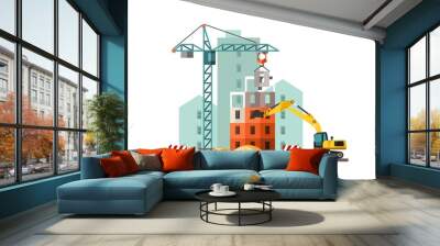 building work process with houses and construction machines. vector illustration. Wall mural