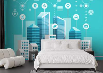 Concept of smart city with different icons and elements. Future technology for living. Urban landscape with buildings and skyscrapers. Vector illustration. Wall mural