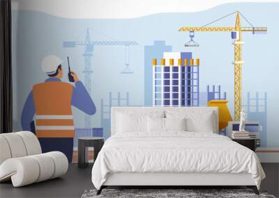 Construction site. Building work process with houses and construction machines. Surveyor engineers with equipment, theodolite or total positioning station. Vector illustration. Wall mural