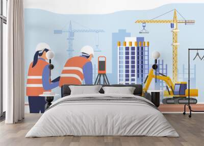 Construction site. Building work process with houses and construction machines. Surveyor engineers with equipment, theodolite or total positioning station. Vector illustration. Wall mural