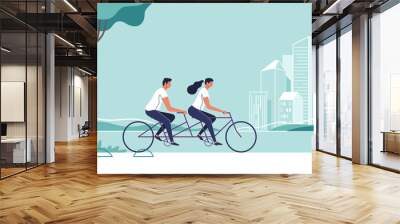 Couple are riding on bicycle on the urban lanscape background. Vector illustration. Wall mural