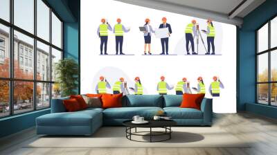 Engineers team with equipment on the construction site. Vector illustration. Wall mural