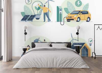 Environmental care and use clean green energy from renewable sources concept. Modern eco house with windmills and solar energy panels, electric car near charging station. Recycling. Wall mural