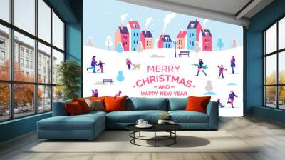 Merry Christmas and a Happy New Year greeting card. Snowy street. Urban landscape with people. Vector illustration. Wall mural