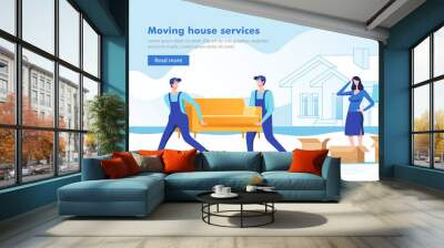 Moving home. Woman packing stuff to move to new house or apartment. Man carrying sofa. Vector illustration. Wall mural