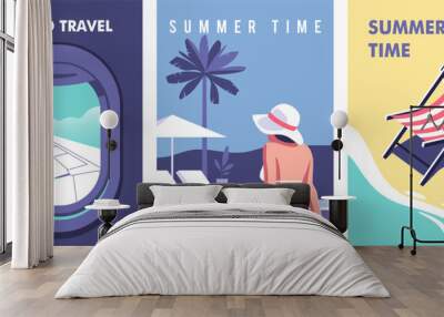 Summer time. Concept of summer party, vacation and travel. Perfect background on the theme of season vacation, weekend, beach. Vector illustration in minimalistic style for posters, cover art, flyer. Wall mural