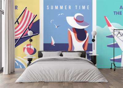 Summer time. Concept of summer party, vacation and travel. Perfect background on the theme of season vacation, weekend, beach. Vector illustration in minimalistic style for posters, cover art, flyer. Wall mural